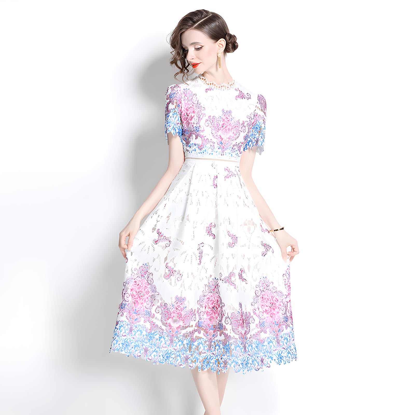 Printed Flower French Lace Jewel Neckline Dress - 800157056483_BAS