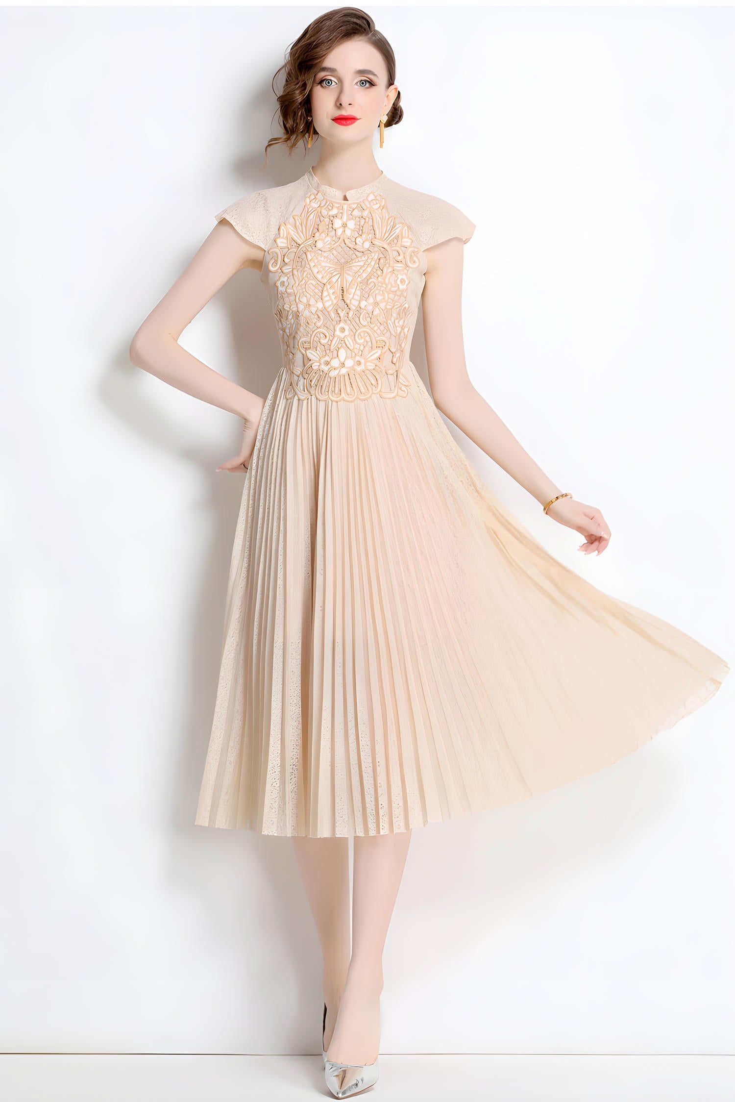 Luxury French Embroidered Patch Vest Dress with Cap Sleeves and Pleated Skirt - 801101210081_BAS