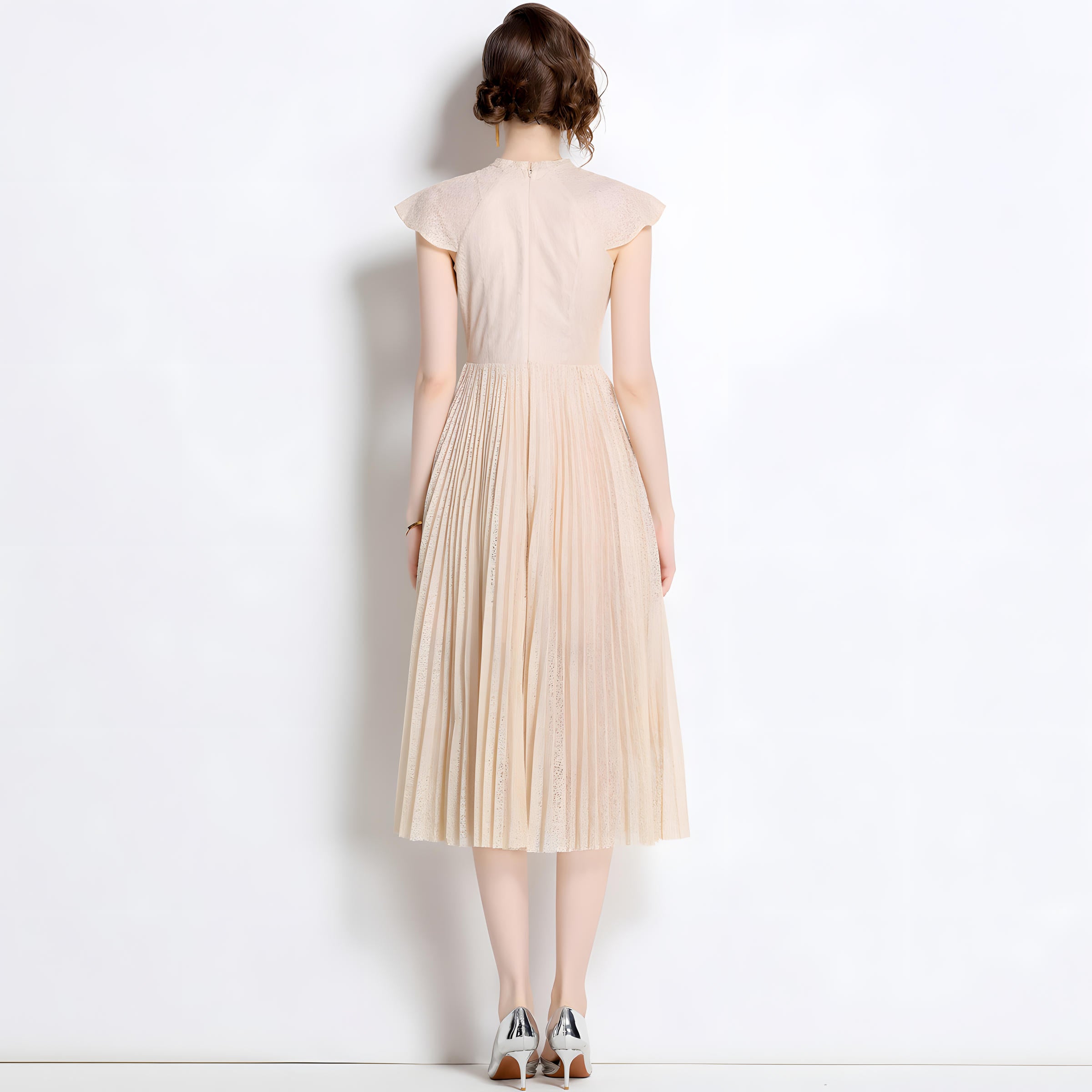 Luxury French Embroidered Patch Vest Dress with Cap Sleeves and Pleated Skirt - 801101210081_BAS