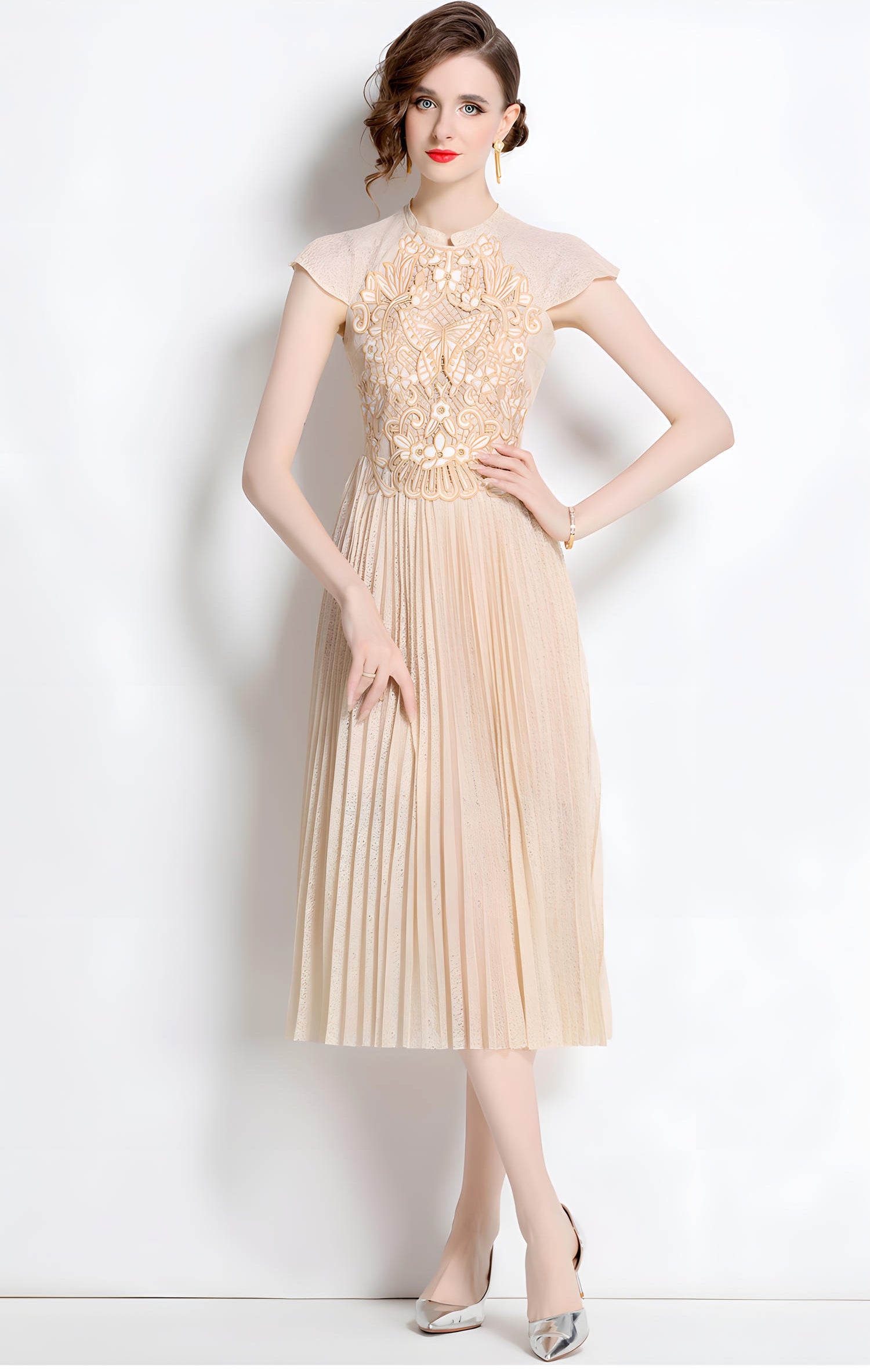 Luxury French Embroidered Patch Vest Dress with Cap Sleeves and Pleated Skirt - 801101210081_BAS