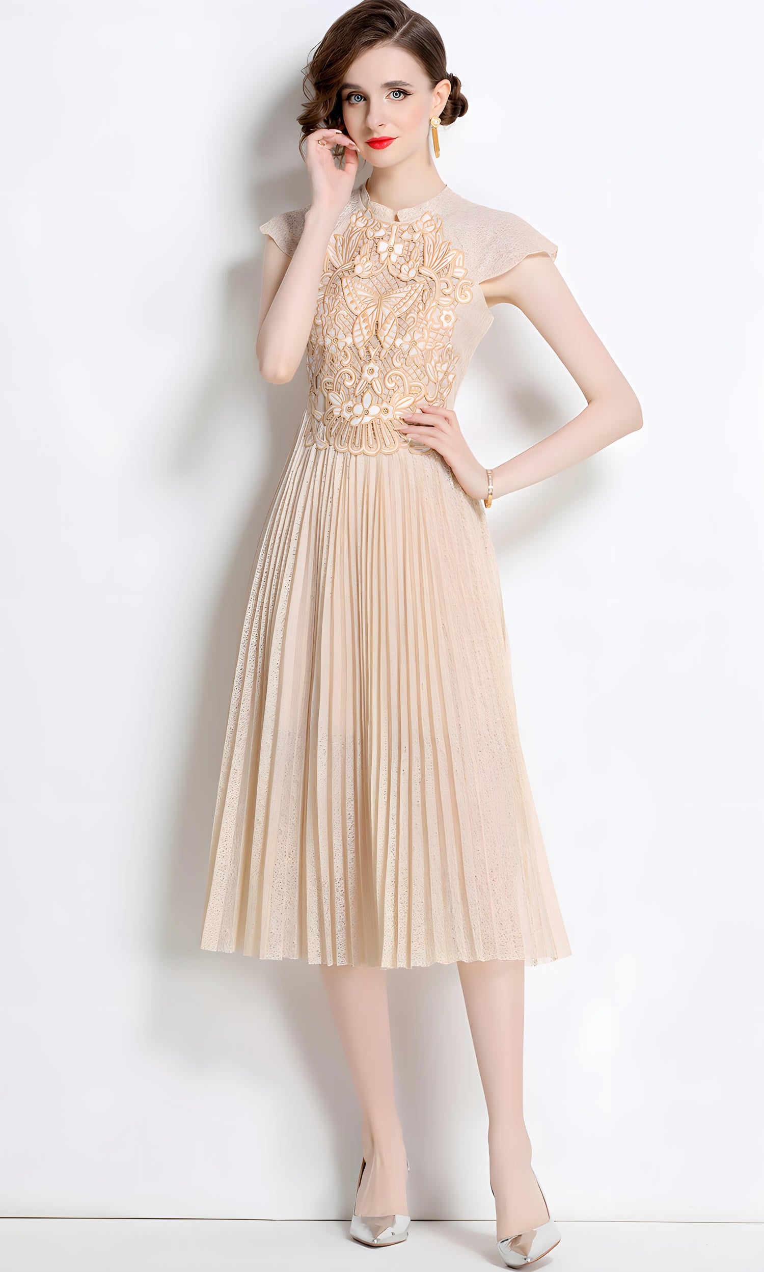 Luxury French Embroidered Patch Vest Dress with Cap Sleeves and Pleated Skirt - 801101210081_BAS