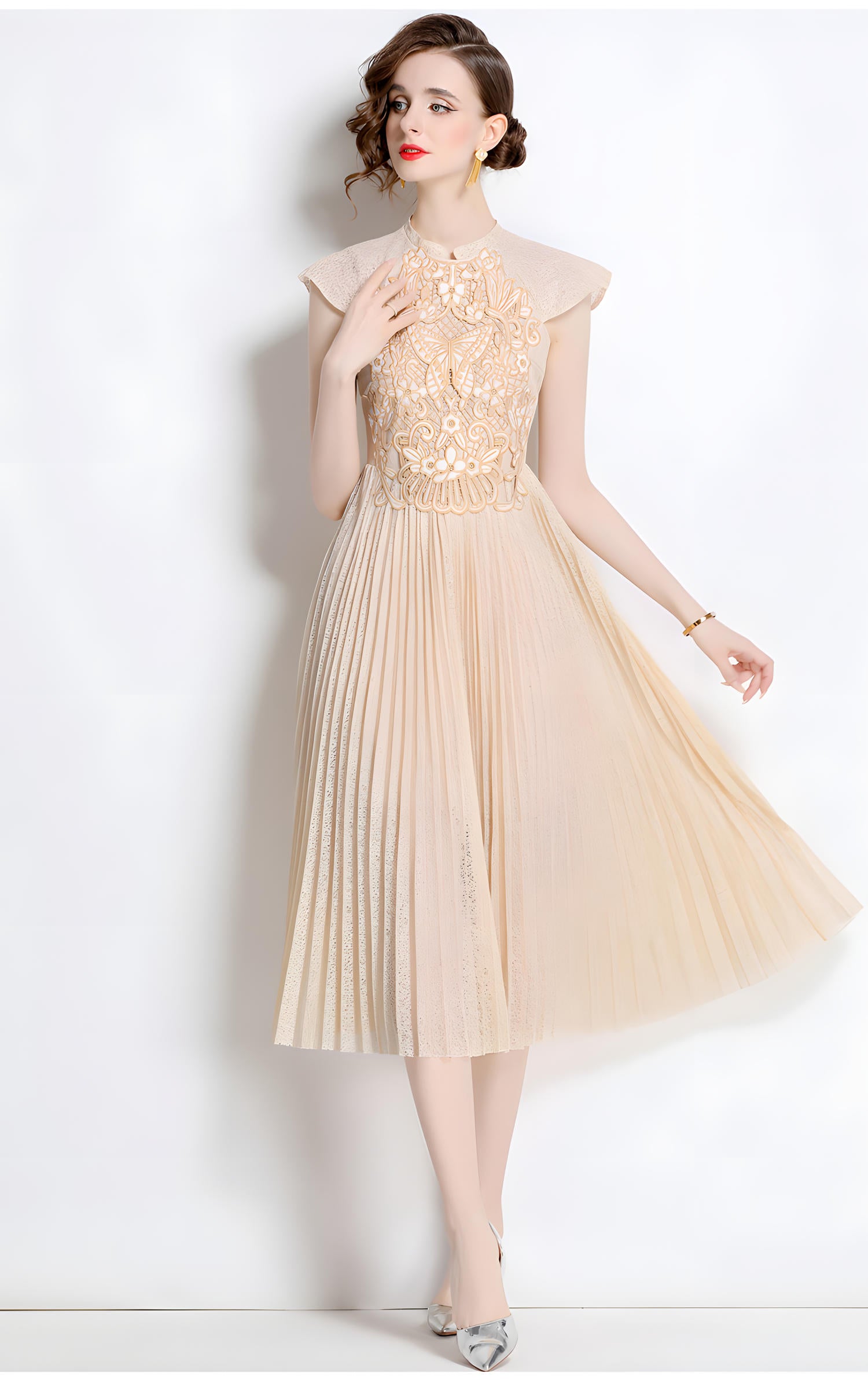 Luxury French Embroidered Patch Vest Dress with Cap Sleeves and Pleated Skirt - 801101210081_BAS