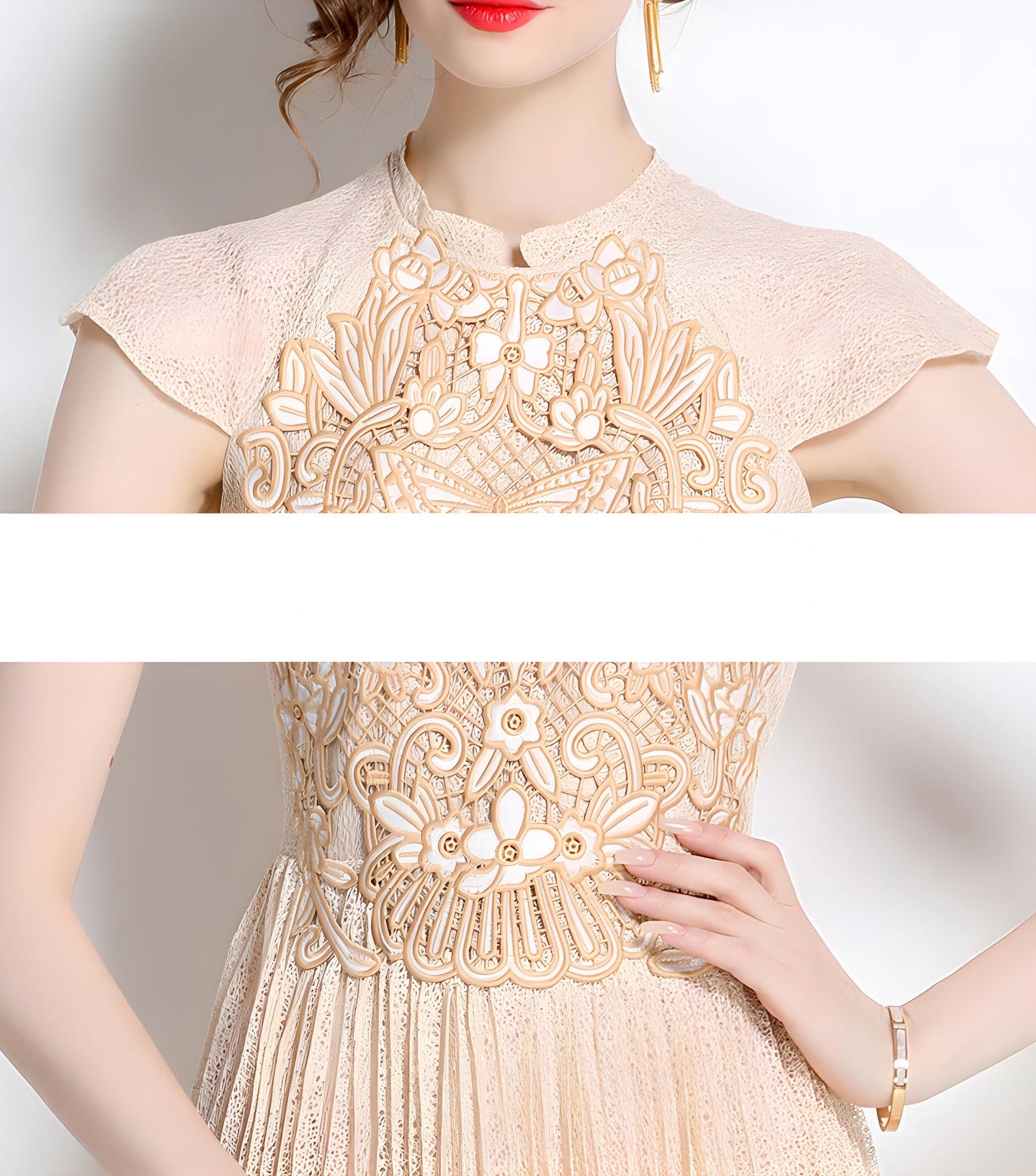 Luxury French Embroidered Patch Vest Dress with Cap Sleeves and Pleated Skirt - 801101210081_BAS