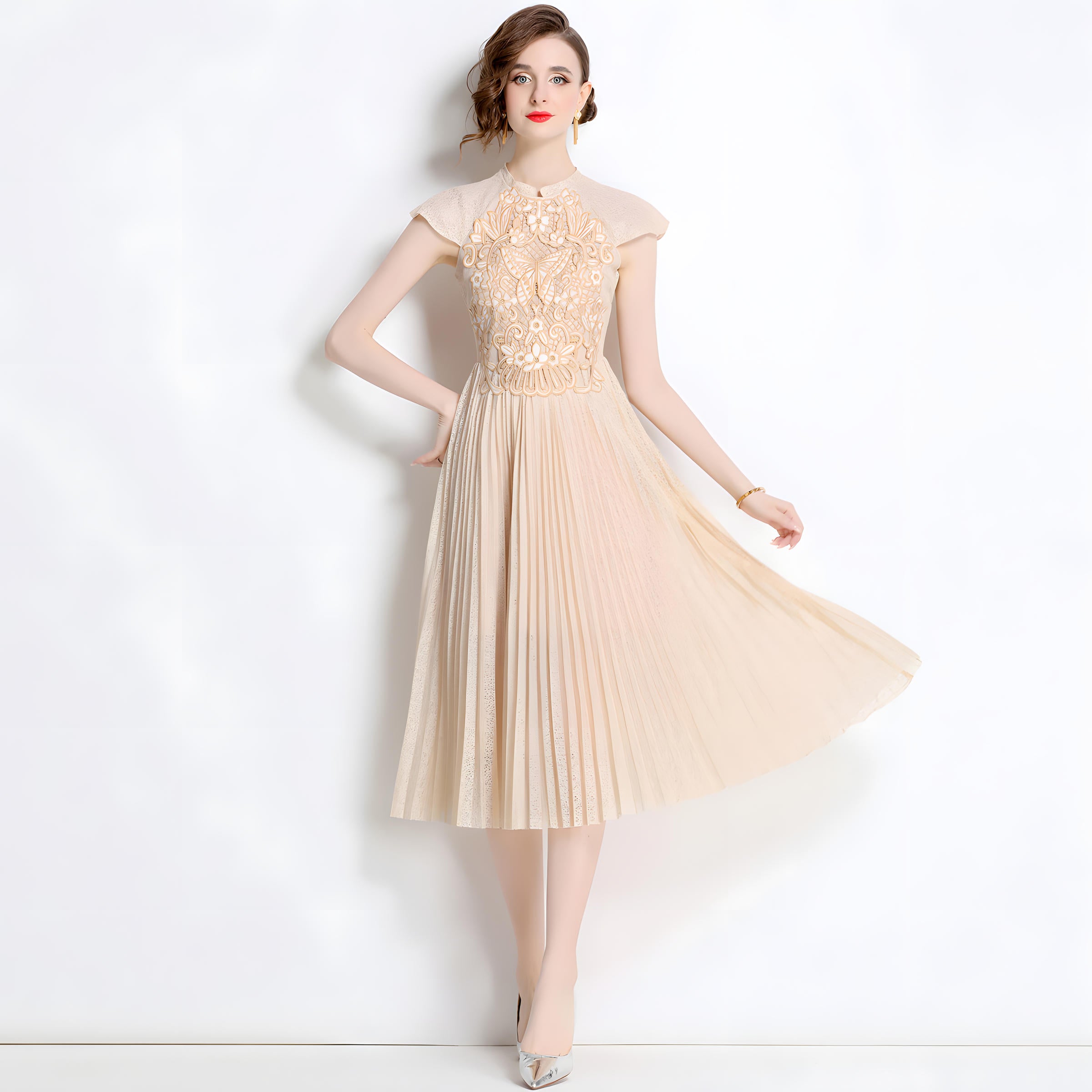 Luxury French Embroidered Patch Vest Dress with Cap Sleeves and Pleated Skirt - 801101210081_BAS