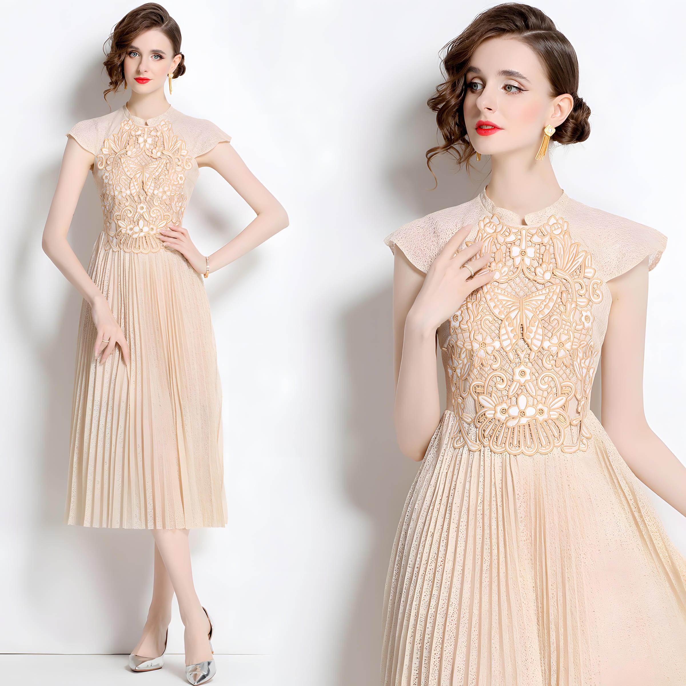 Luxury French Embroidered Patch Vest Dress with Cap Sleeves and Pleated Skirt - 801101210081_BAS
