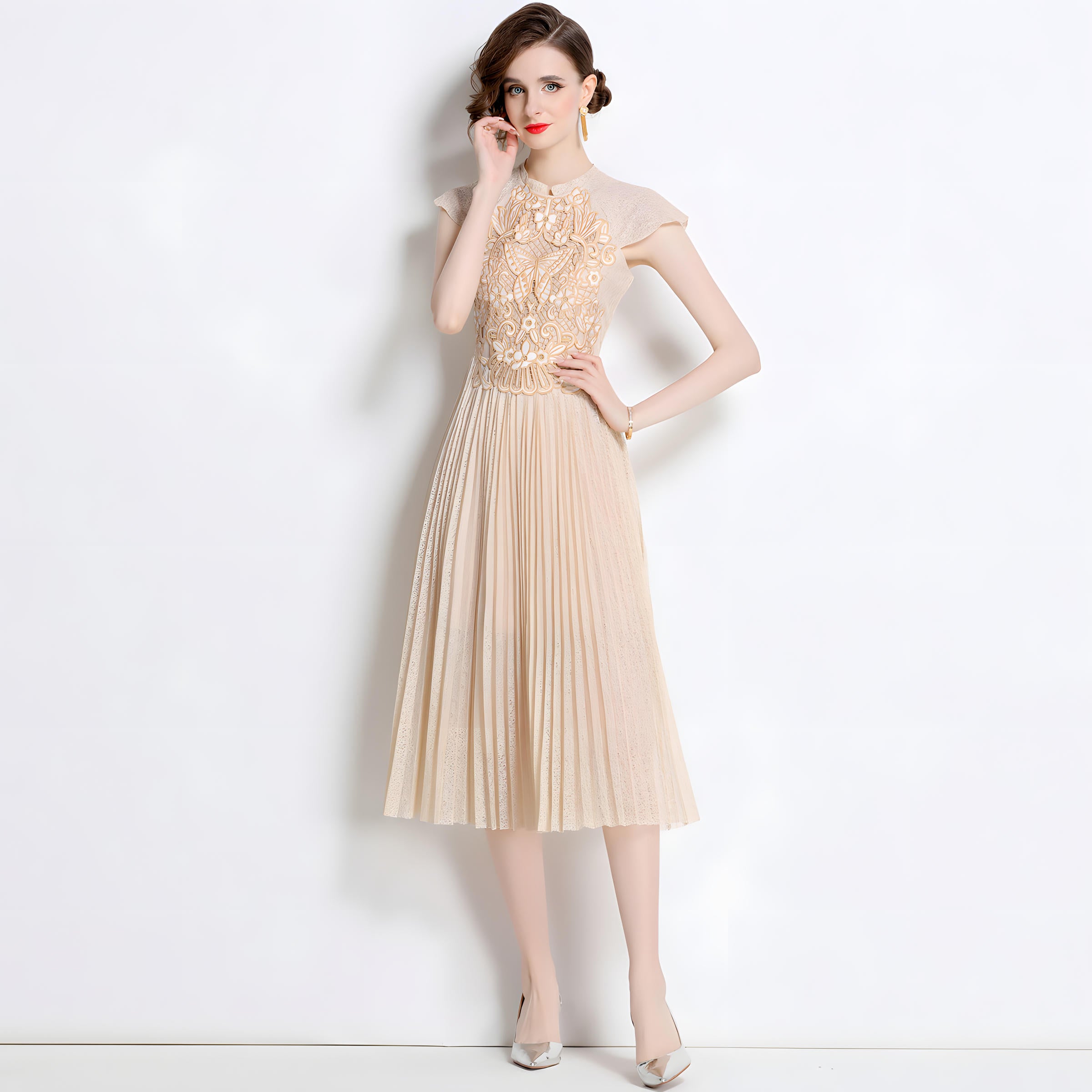 Luxury French Embroidered Patch Vest Dress with Cap Sleeves and Pleated Skirt - 801101210081_BAS