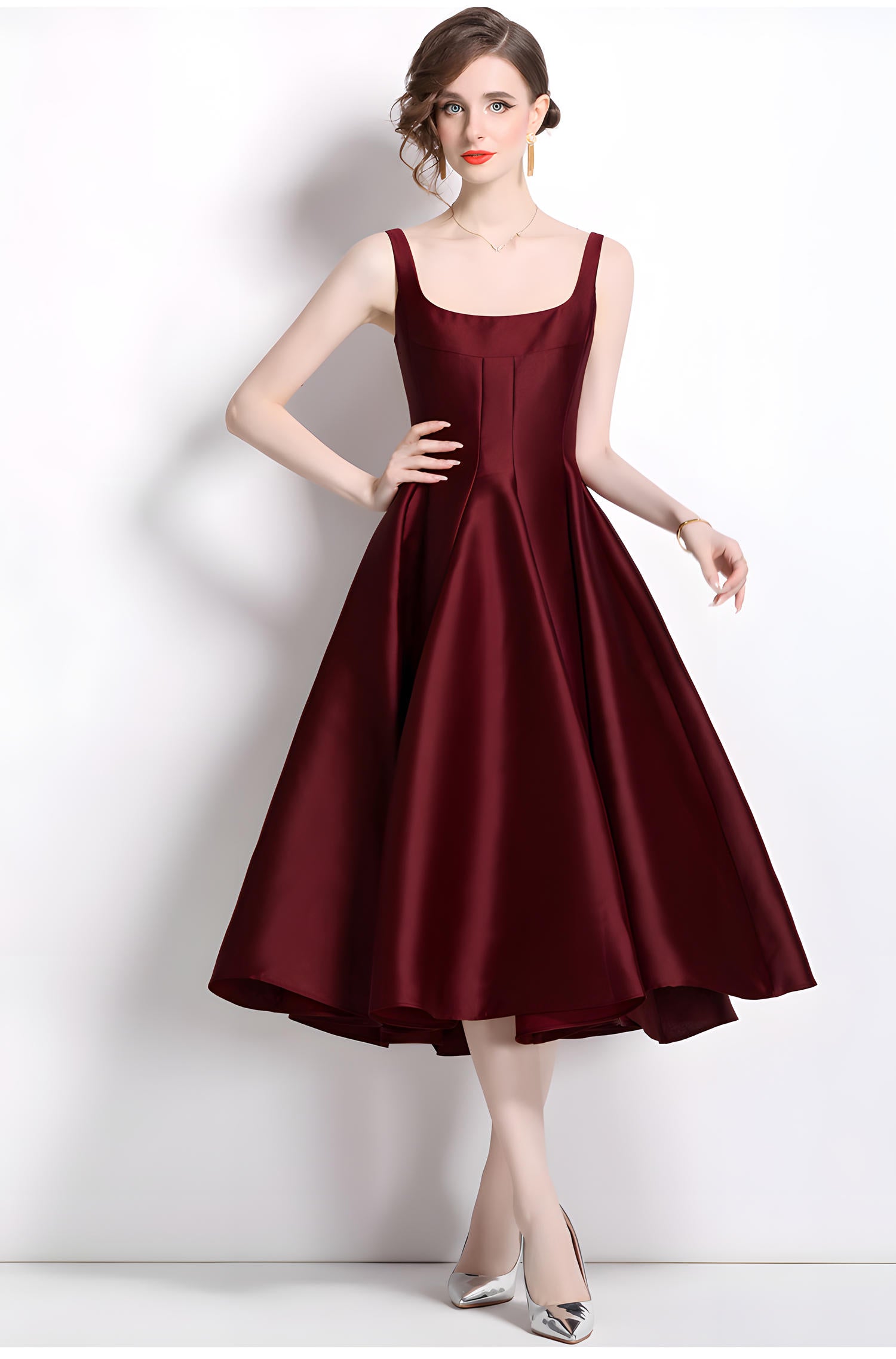 Deep Maroon Fitted Vest and Pleated Fluffy Skirt Suspender Satin Dress - 803662802363_BAS (EOSS)