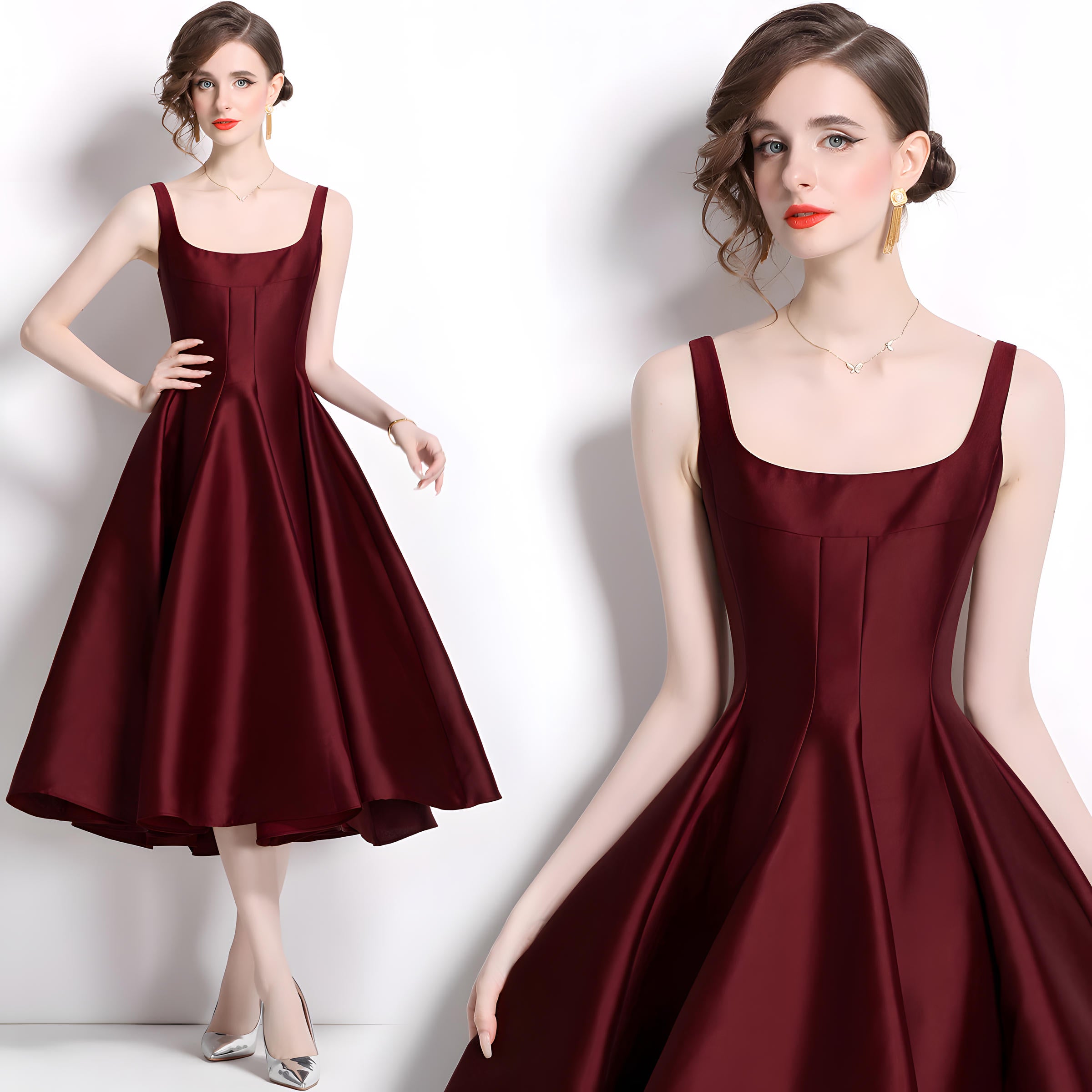 Deep Maroon Fitted Vest and Pleated Fluffy Skirt Suspender Satin Dress - 803662802363_BAS (EOSS)