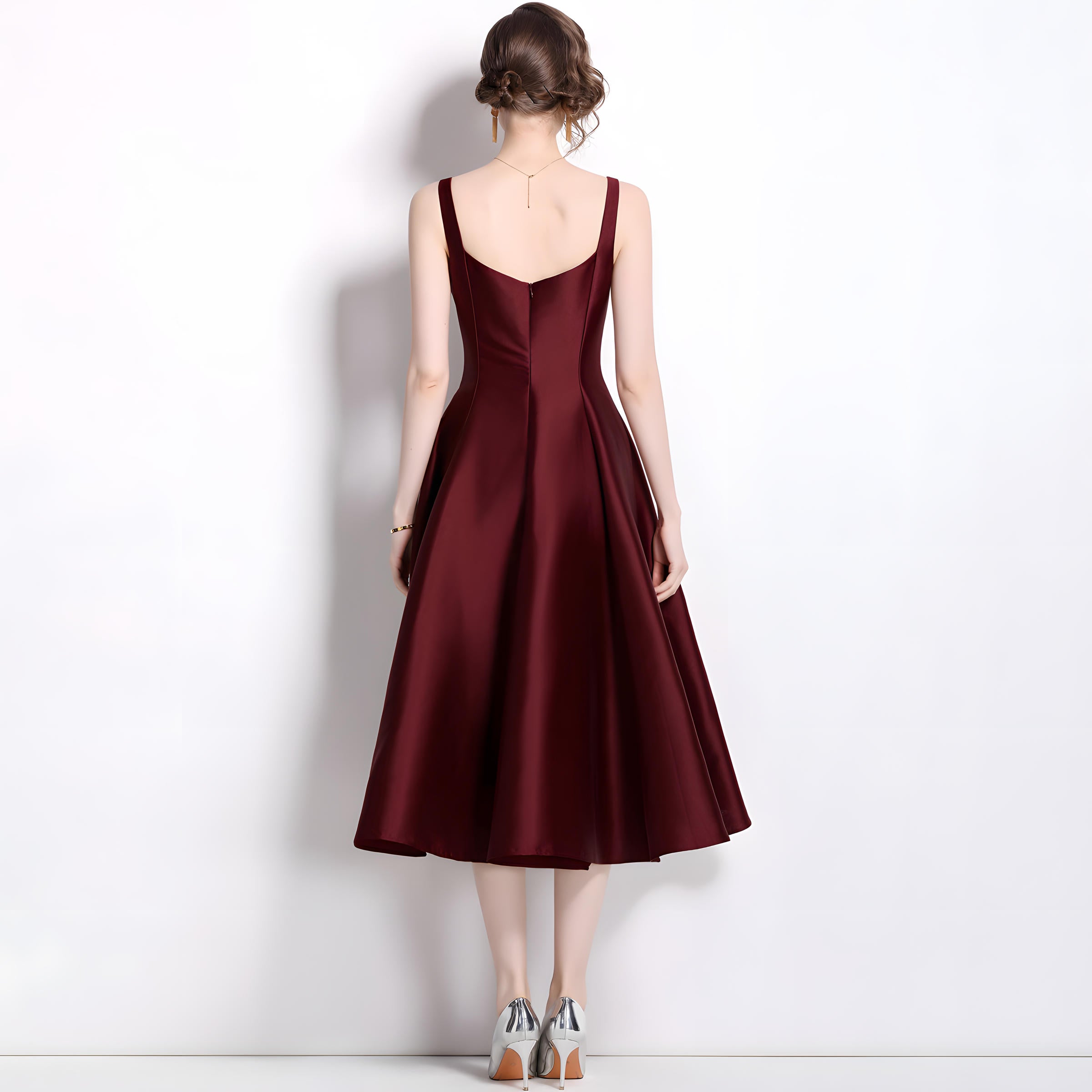 Deep Maroon Fitted Vest and Pleated Fluffy Skirt Suspender Satin Dress - 803662802363_BAS (EOSS)