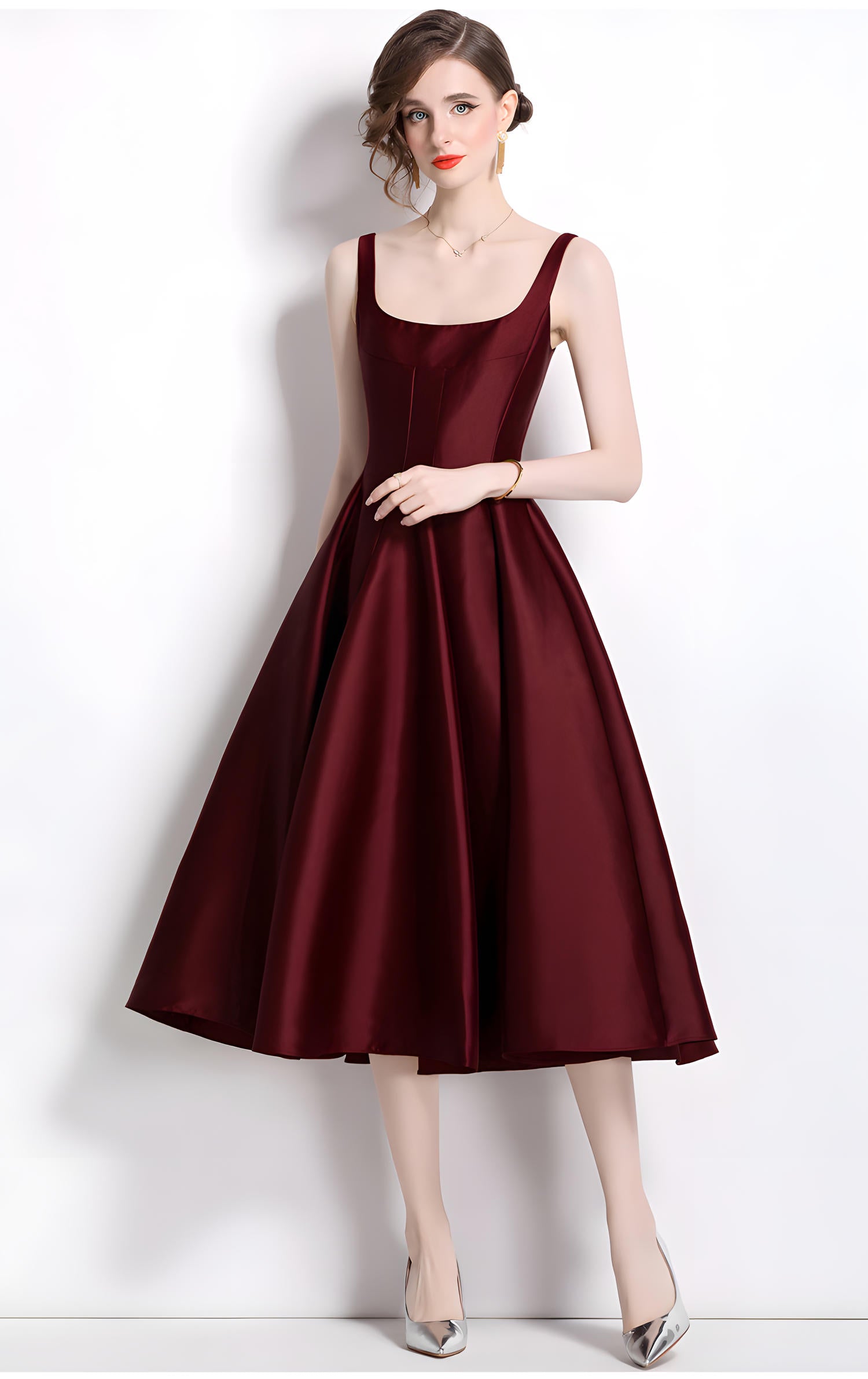Deep Maroon Fitted Vest and Pleated Fluffy Skirt Suspender Satin Dress - 803662802363_BAS (EOSS)