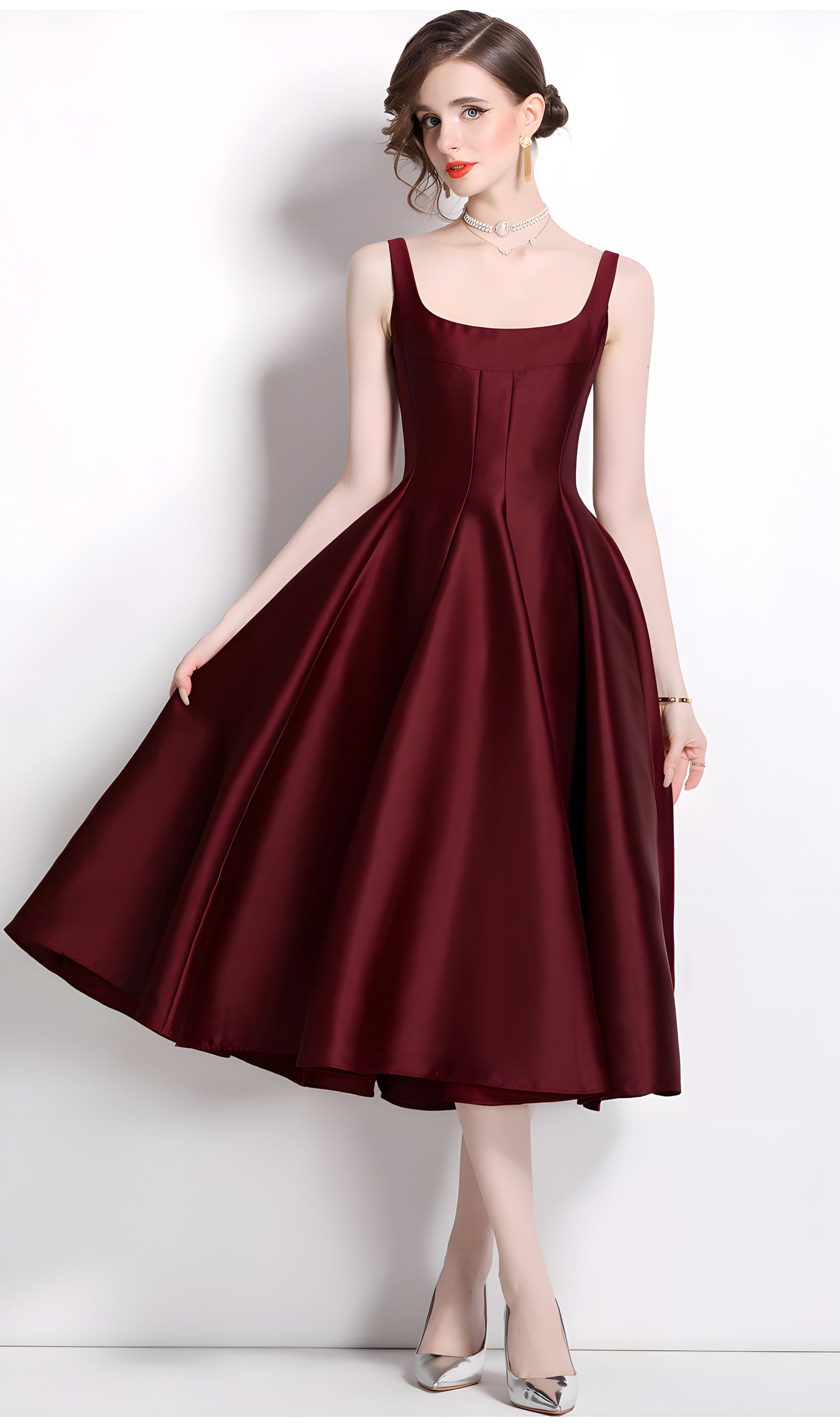 Deep Maroon Fitted Vest and Pleated Fluffy Skirt Suspender Satin Dress - 803662802363_BAS (EOSS)