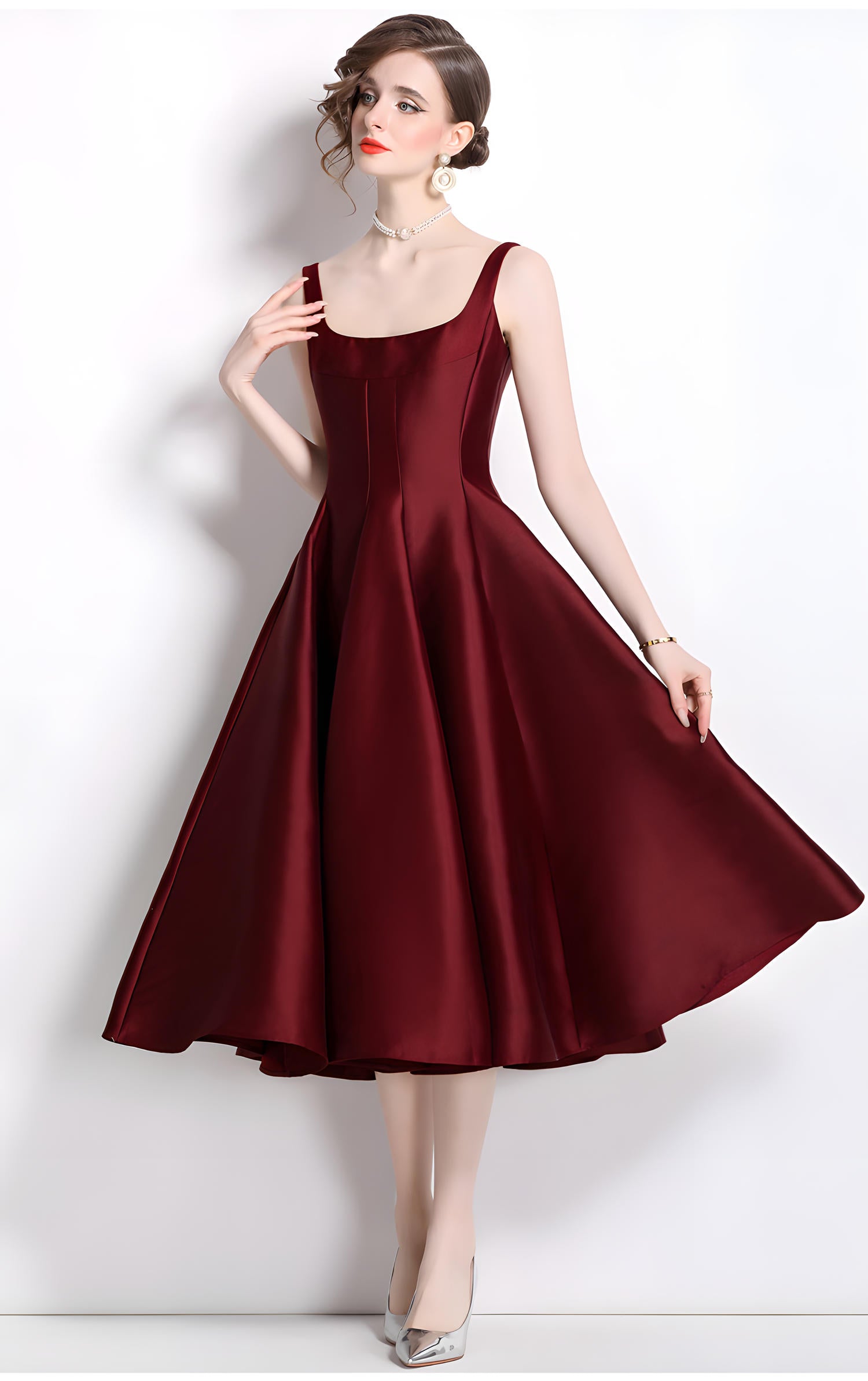 Deep Maroon Fitted Vest and Pleated Fluffy Skirt Suspender Satin Dress - 803662802363_BAS (EOSS)