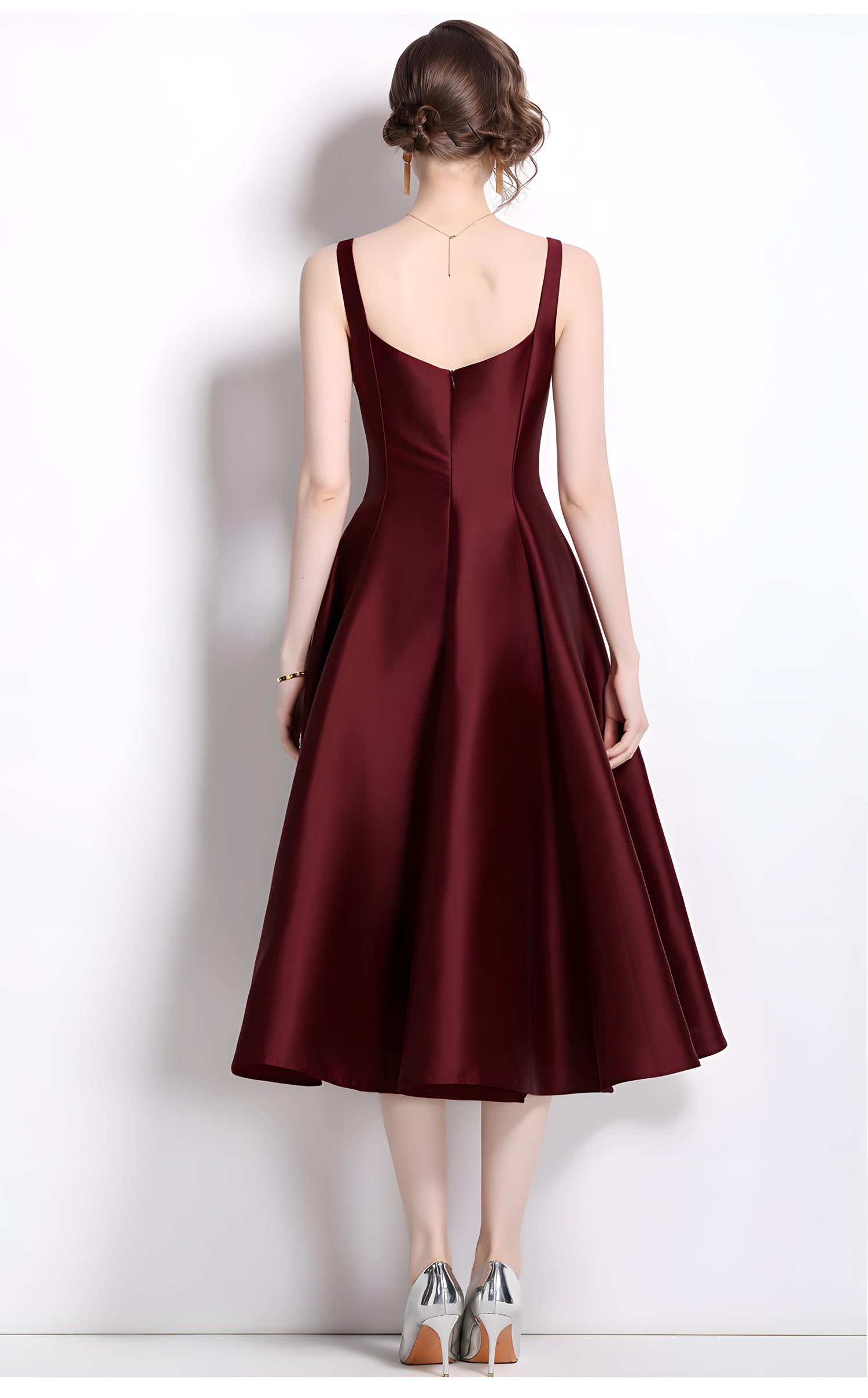 Deep Maroon Fitted Vest and Pleated Fluffy Skirt Suspender Satin Dress - 803662802363_BAS (EOSS)