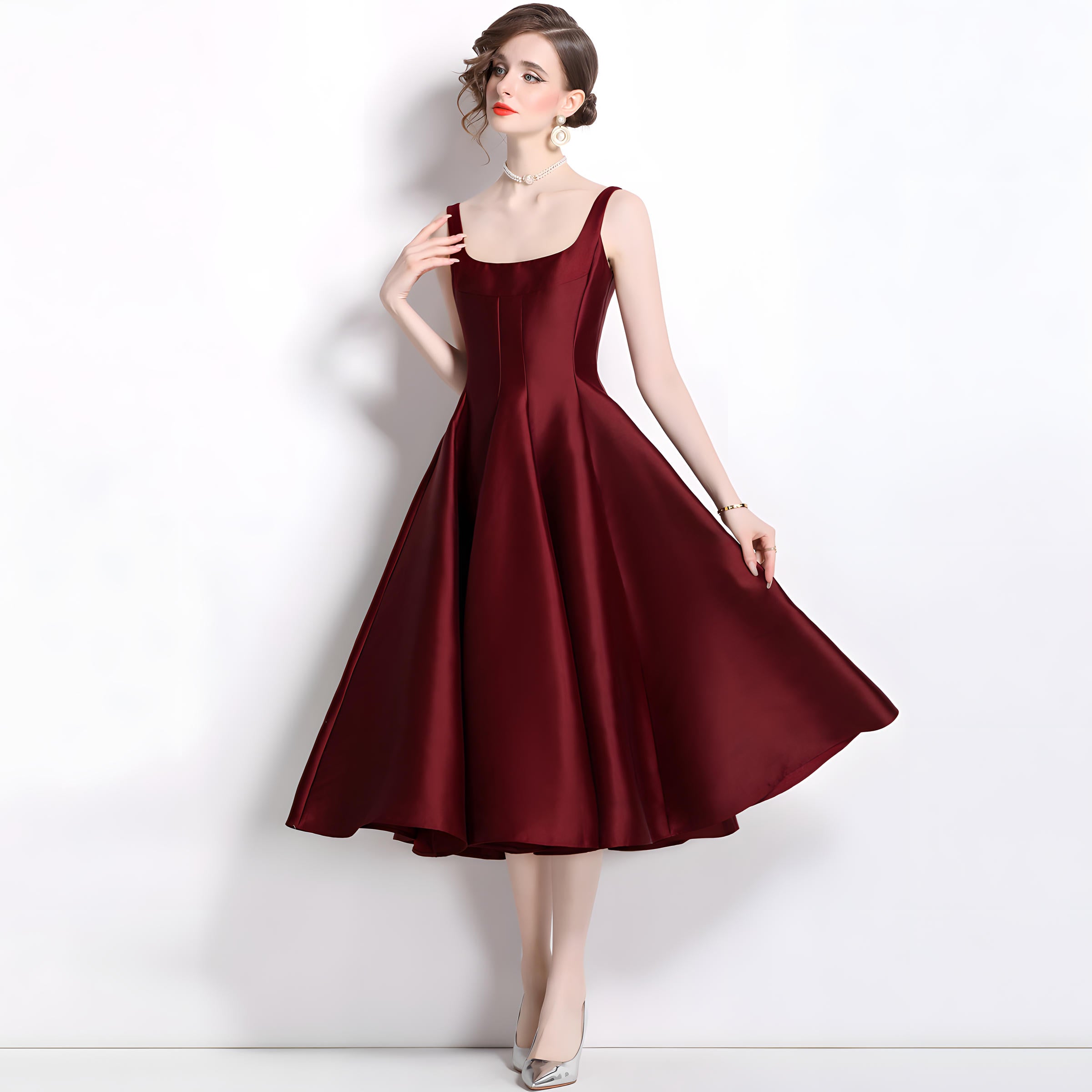Deep Maroon Fitted Vest and Pleated Fluffy Skirt Suspender Satin Dress - 803662802363_BAS (EOSS)