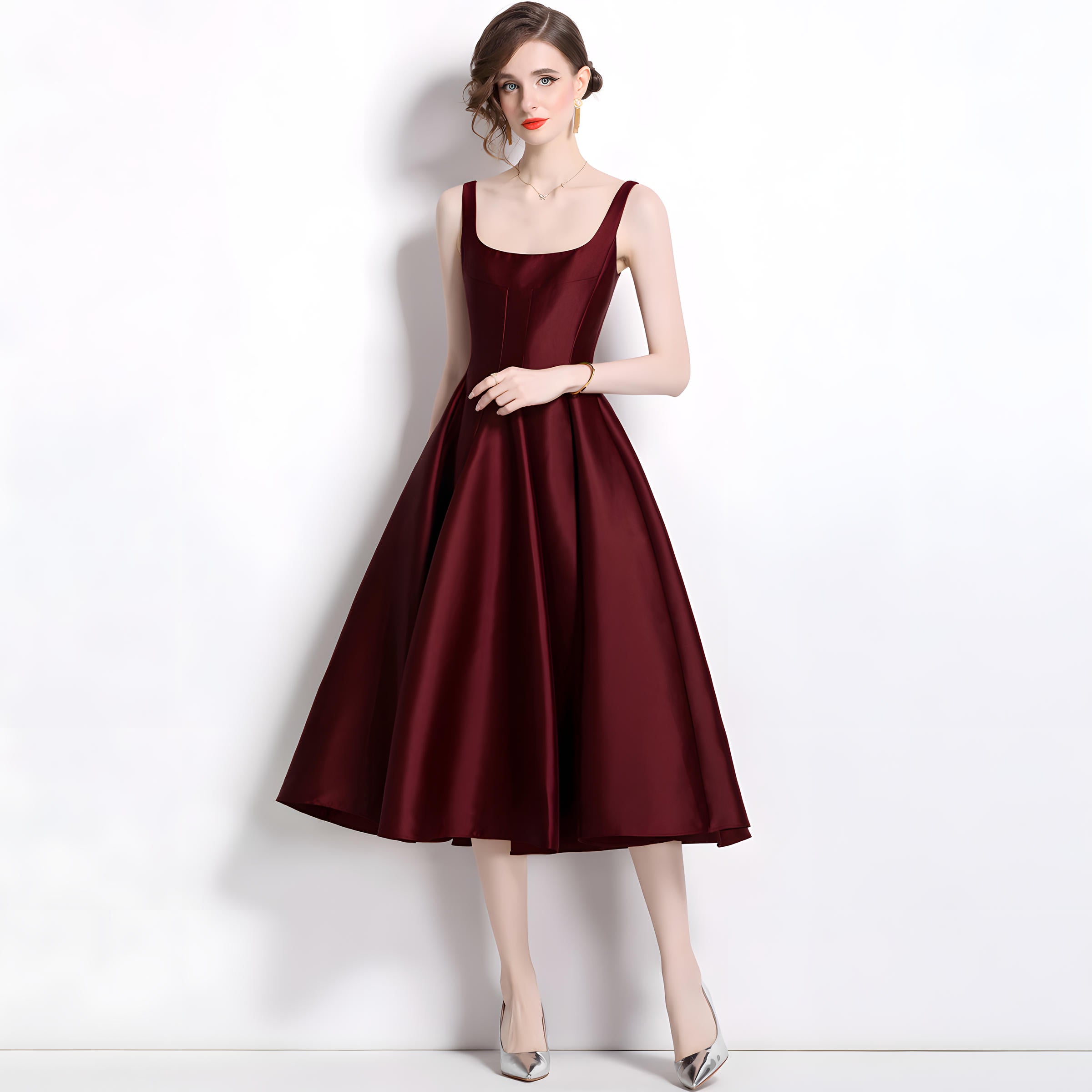 Deep Maroon Fitted Vest and Pleated Fluffy Skirt Suspender Satin Dress - 803662802363_BAS (EOSS)