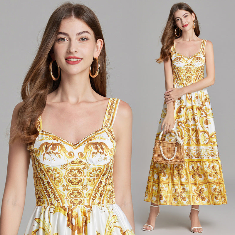 Golden Print Corset Vest Suspender Satin Dress With Long Skirt - 810783419349_BAS