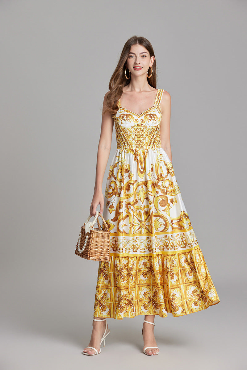Golden Print Corset Vest Suspender Satin Dress With Long Skirt - 810783419349_BAS