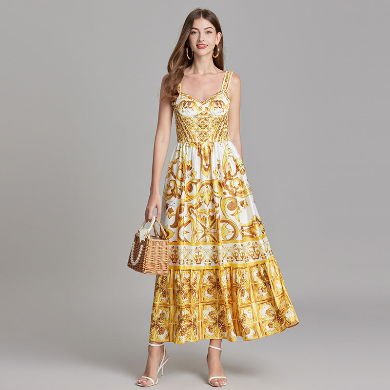 Golden Print Corset Vest Suspender Satin Dress With Long Skirt - 810783419349_BAS