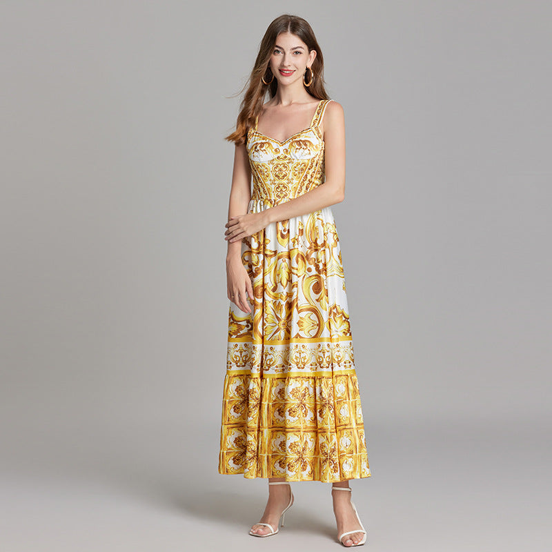 Golden Print Corset Vest Suspender Satin Dress With Long Skirt - 810783419349_BAS