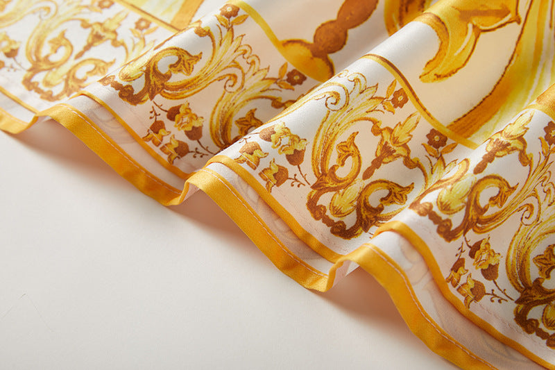 Gold Pattern Printed Satin Kaftan With Bat Sleeves - 810906090547_BAS