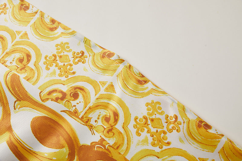 Gold Pattern Printed Satin Kaftan With Bat Sleeves - 810906090547_BAS