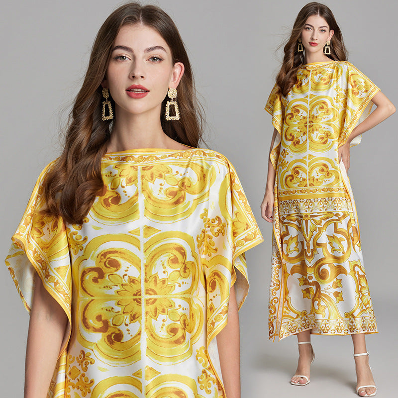 Gold Pattern Printed Satin Kaftan With Bat Sleeves - 810906090547_BAS