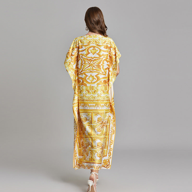 Gold Pattern Printed Satin Kaftan With Bat Sleeves - 810906090547_BAS