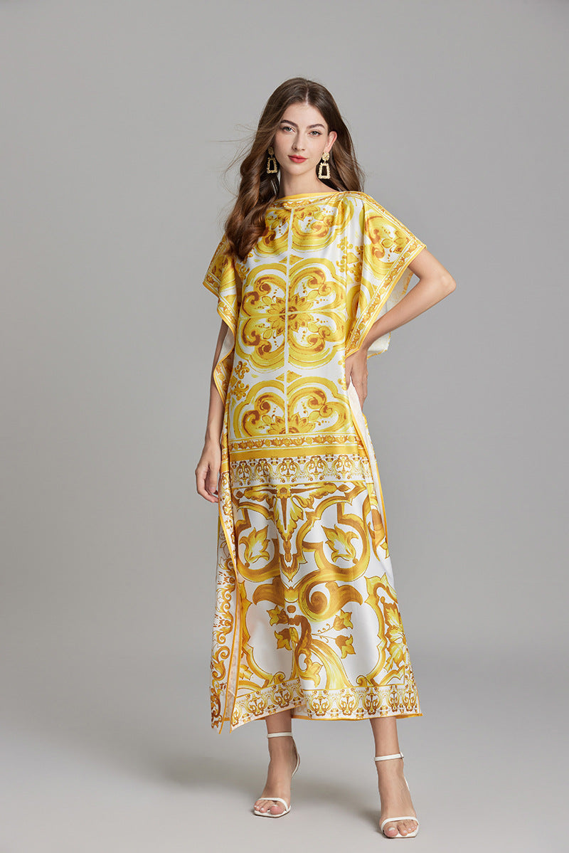 Gold Pattern Printed Satin Kaftan With Bat Sleeves - 810906090547_BAS