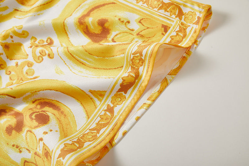 Gold Pattern Printed Satin Kaftan With Bat Sleeves - 810906090547_BAS