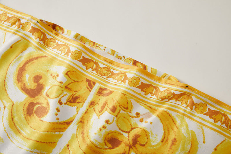 Gold Pattern Printed Satin Kaftan With Bat Sleeves - 810906090547_BAS