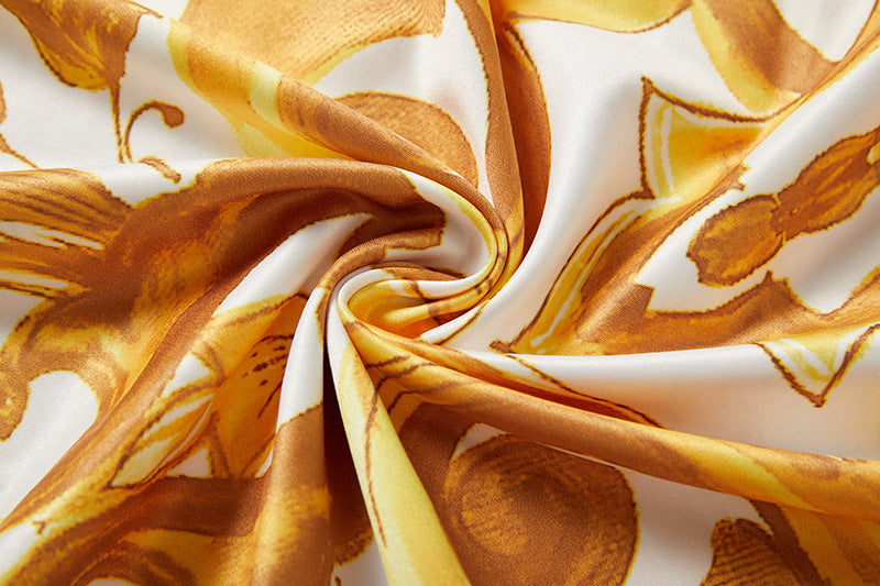 Gold Pattern Printed Satin Kaftan With Bat Sleeves - 810906090547_BAS