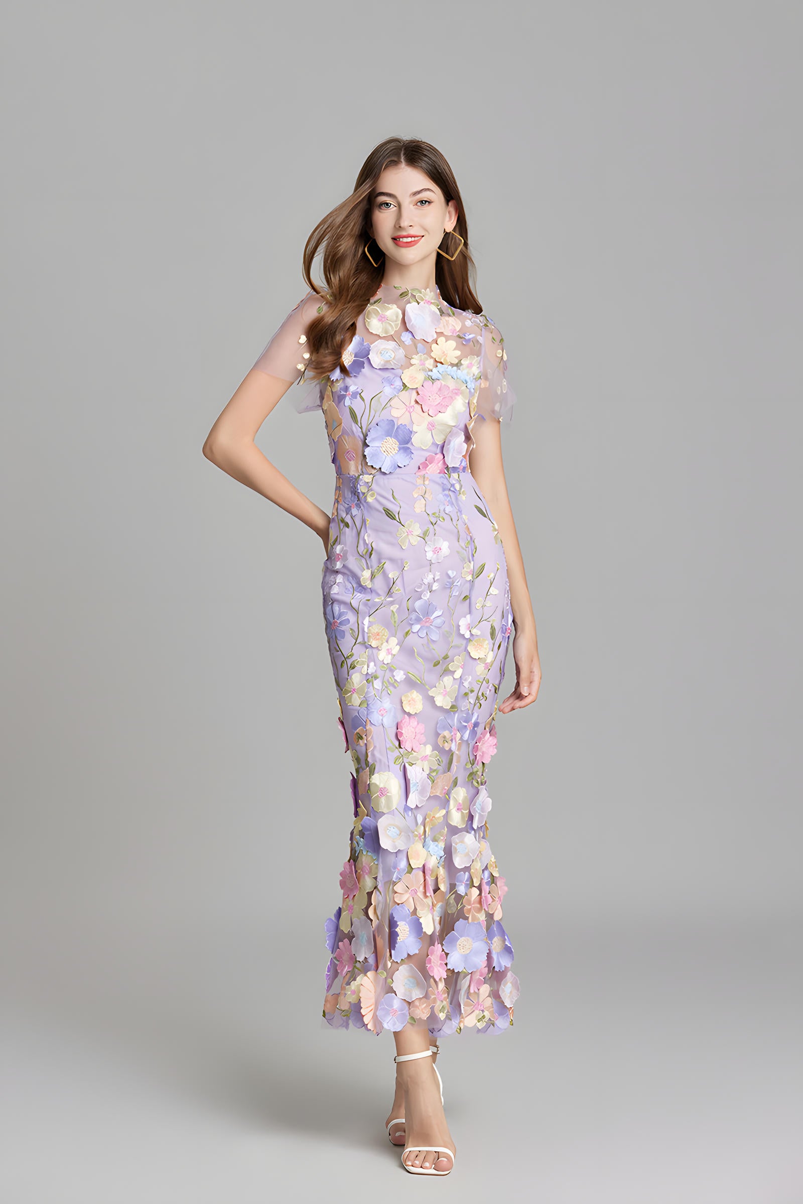 Intricate Floral Embroidery Mesh Fishtail Violet Dress - 810908122798_VIO