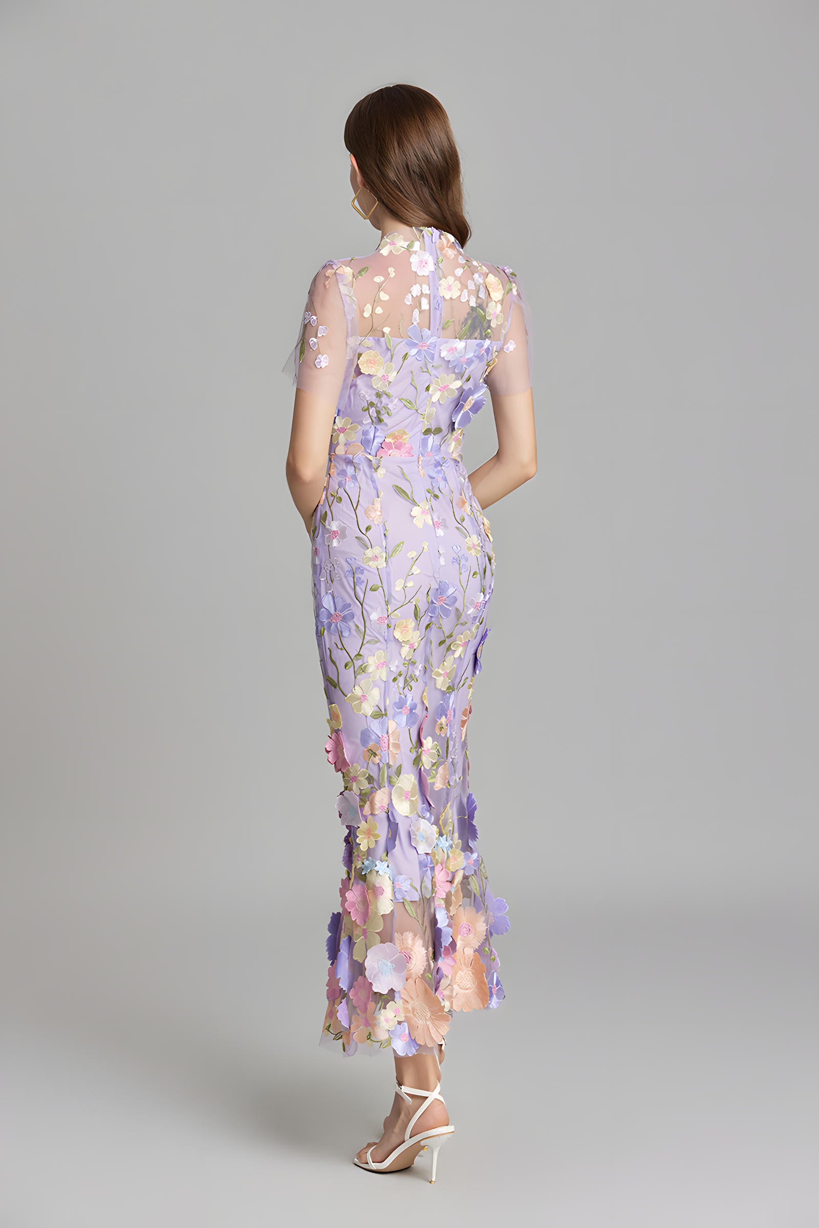 Intricate Floral Embroidery Mesh Fishtail Violet Dress - 810908122798_VIO