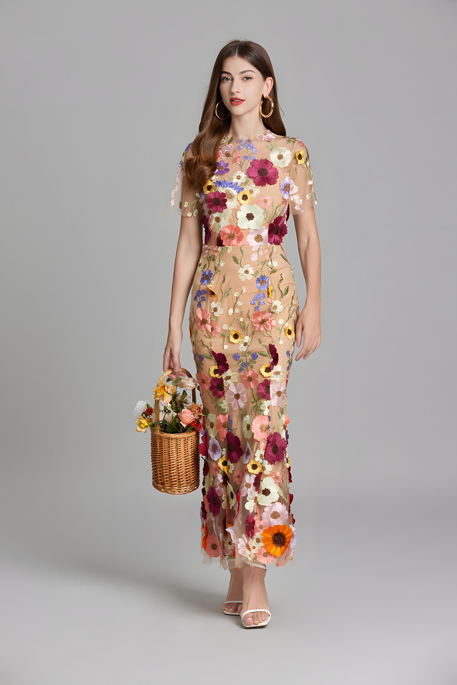 Intricate Floral Embroidery Mesh Fishtail Apricot Dress - 810908122798_APR