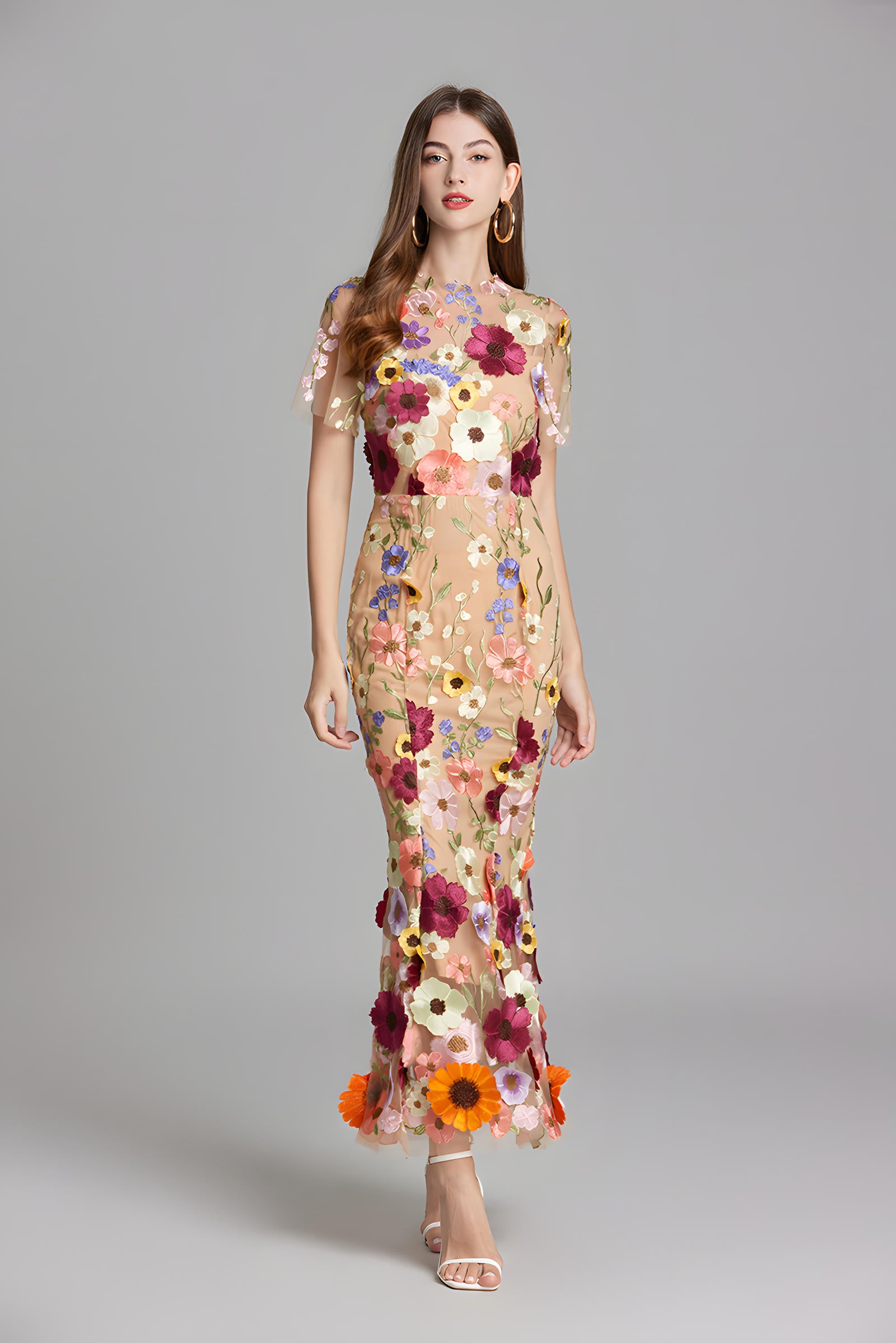 Intricate Floral Embroidery Mesh Fishtail Apricot Dress - 810908122798_APR