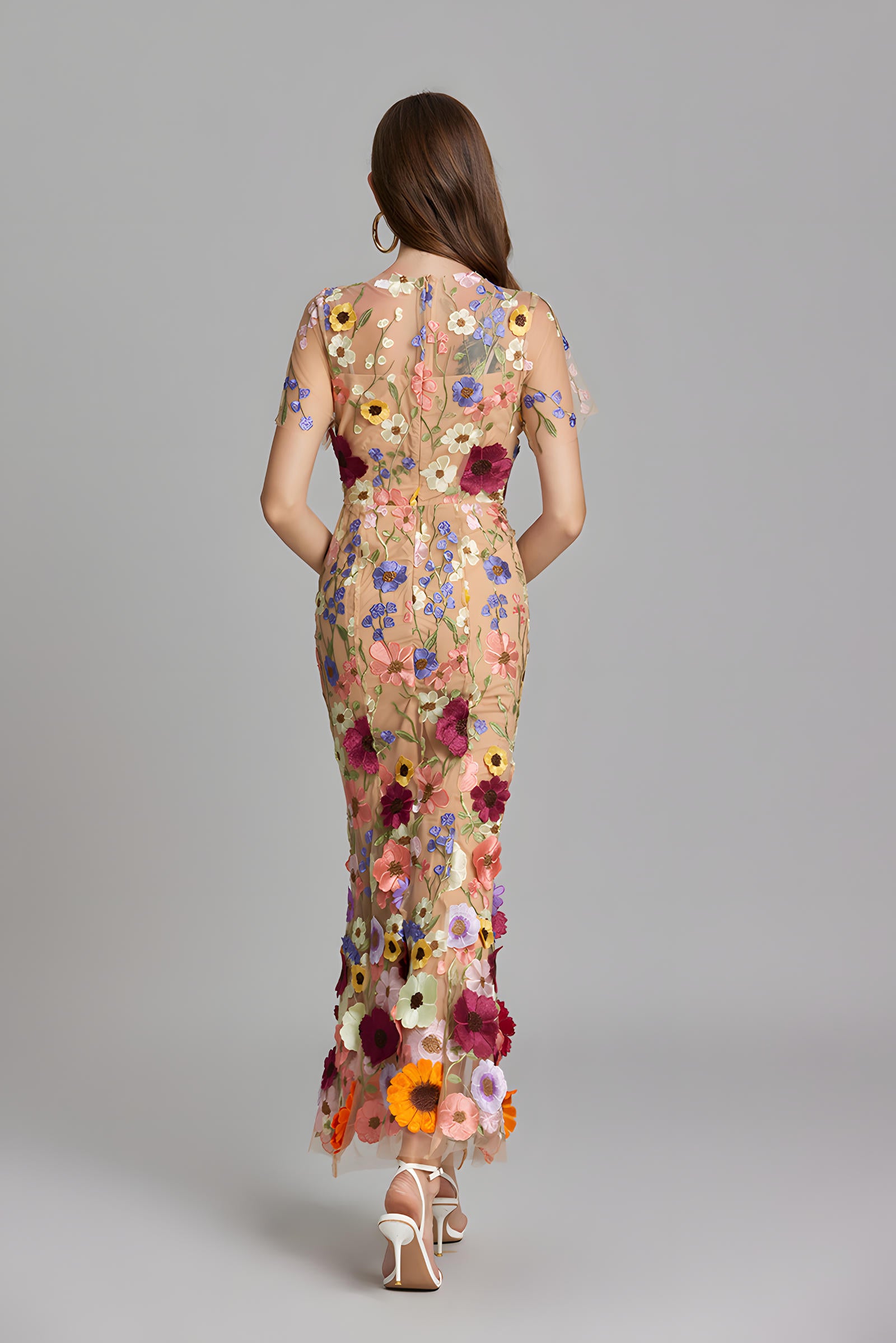 Intricate Floral Embroidery Mesh Fishtail Apricot Dress - 810908122798_APR