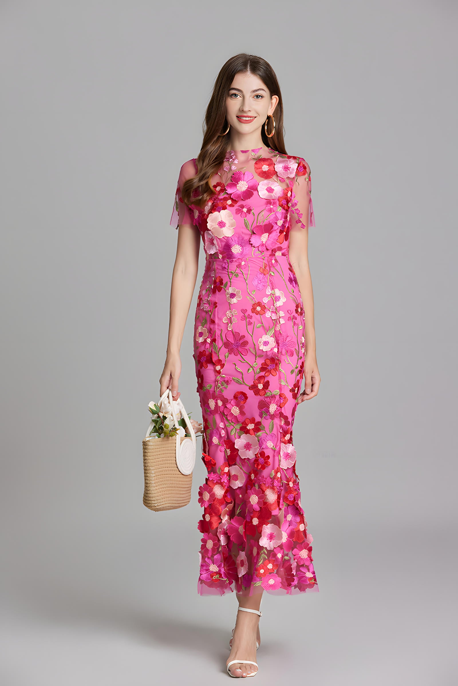 Intricate Floral Embroidery Mesh Fishtail Rose Red Dress - 810908122798_ROS