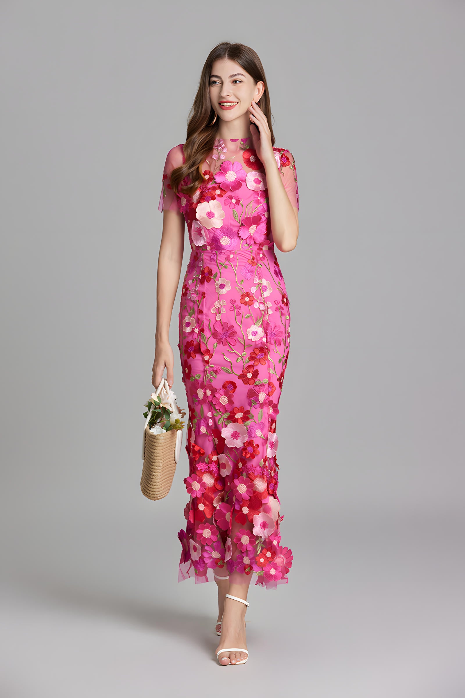 Intricate Floral Embroidery Mesh Fishtail Rose Red Dress - 810908122798_ROS