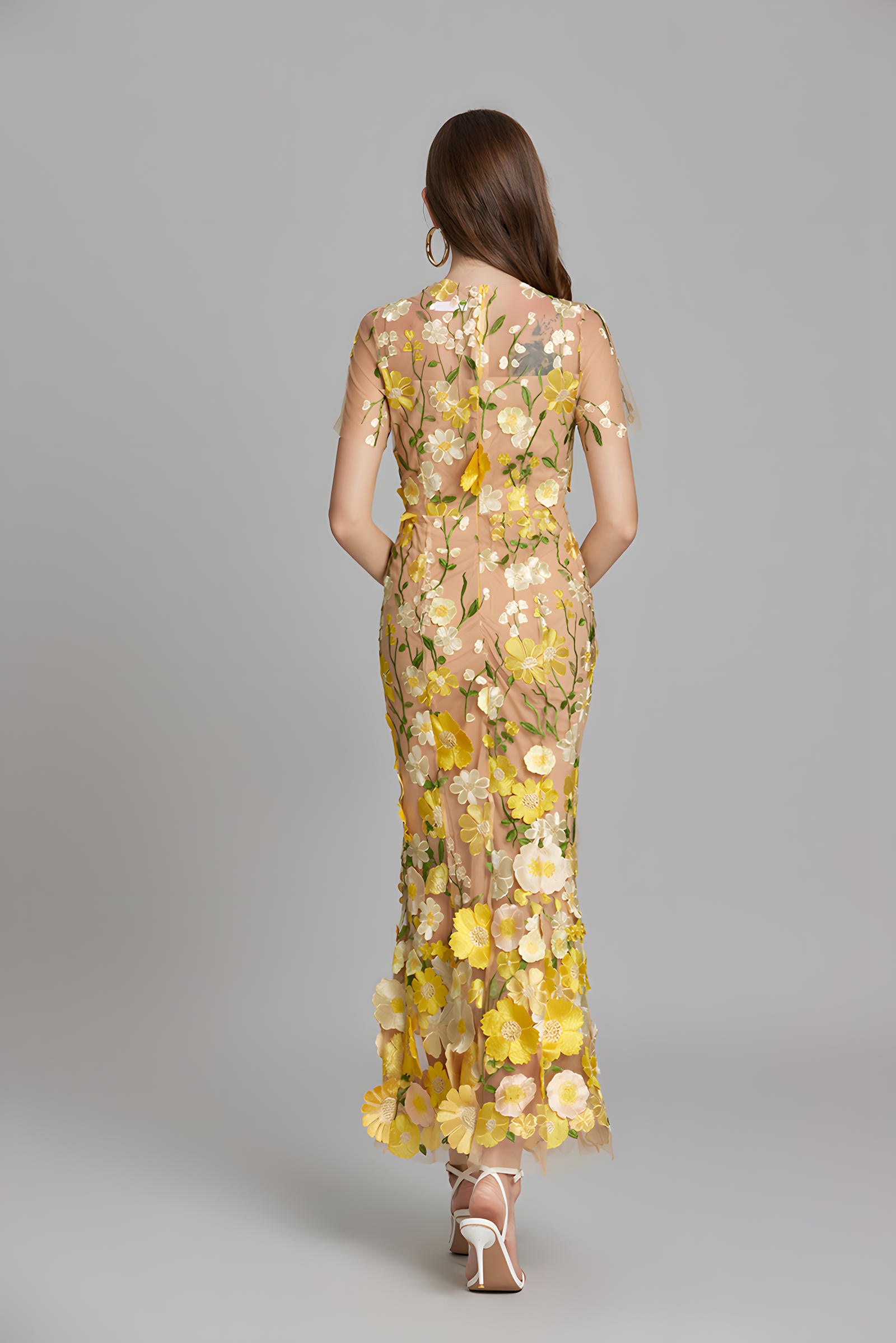 Intricate Floral Embroidery Mesh Fishtail Yellow Dress - 810908122798_YEL
