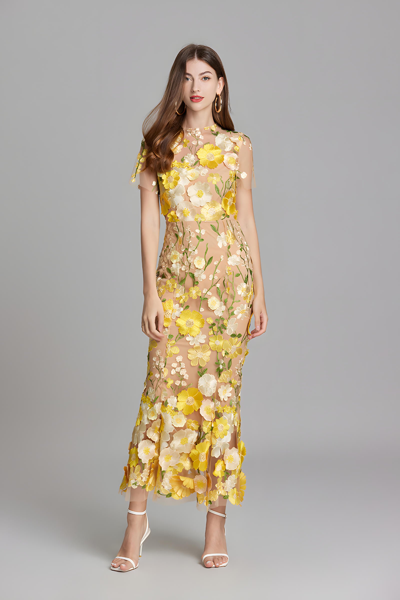 Intricate Floral Embroidery Mesh Fishtail Yellow Dress - 810908122798_YEL