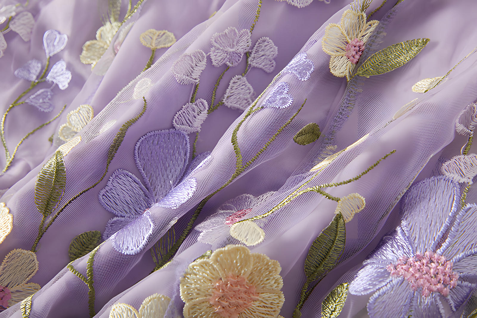 Intricate Floral Embroidery Mesh Fishtail Violet Dress - 810908122798_VIO