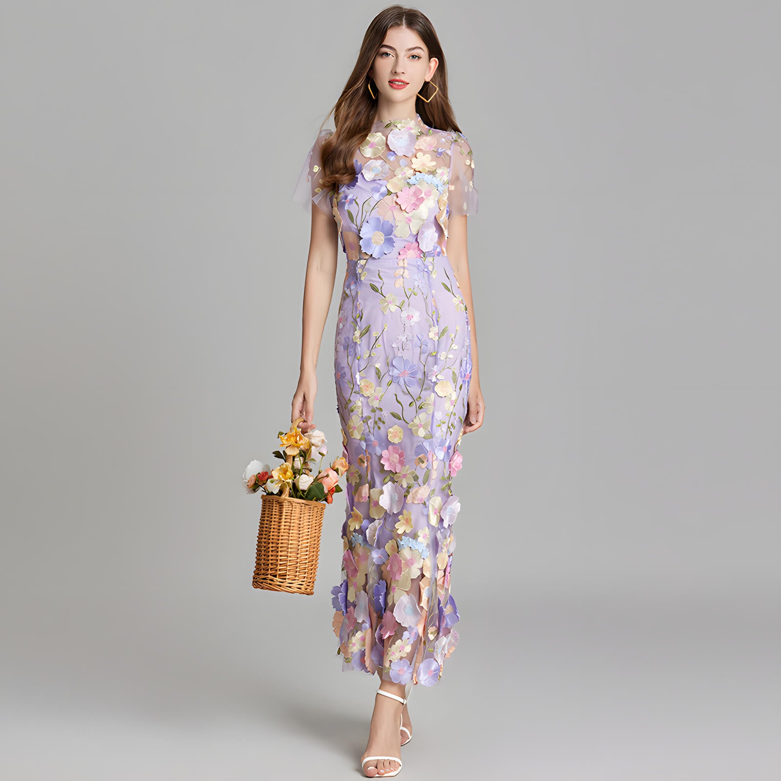 Intricate Floral Embroidery Mesh Fishtail Violet Dress - 810908122798_VIO