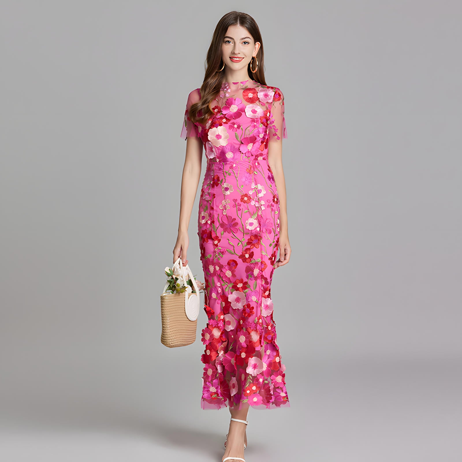 Intricate Floral Embroidery Mesh Fishtail Rose Red Dress - 810908122798_ROS