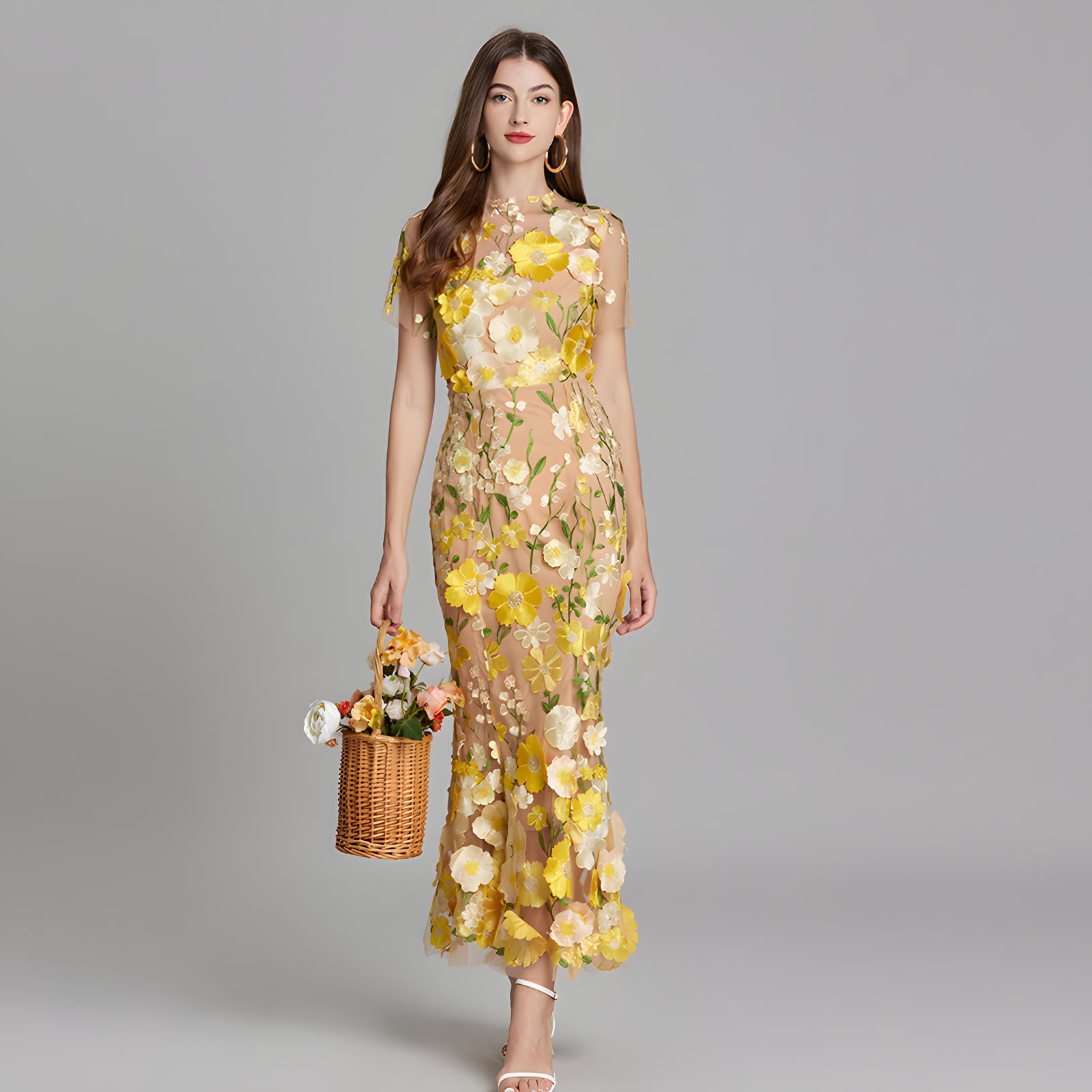 Intricate Floral Embroidery Mesh Fishtail Yellow Dress - 810908122798_YEL