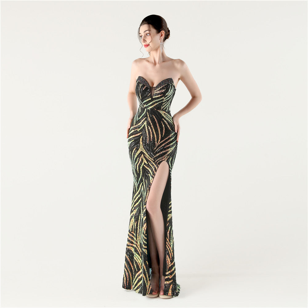 Black Stardust Frond Sequin Gown