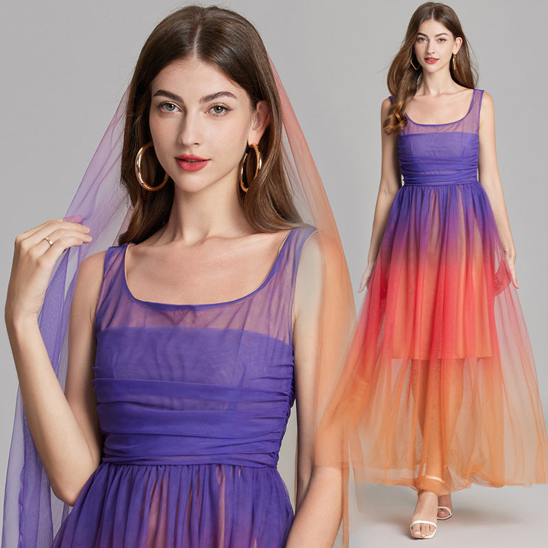 Orange And Blue Gradient Chiffon Dress with Side Slit And Ruched Vest - 811075249416_BAS