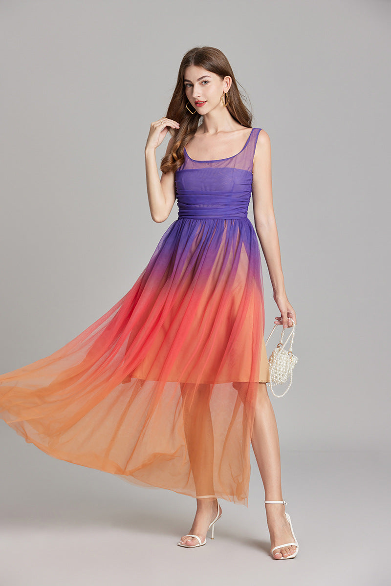 Orange And Blue Gradient Chiffon Dress with Side Slit And Ruched Vest - 811075249416_BAS