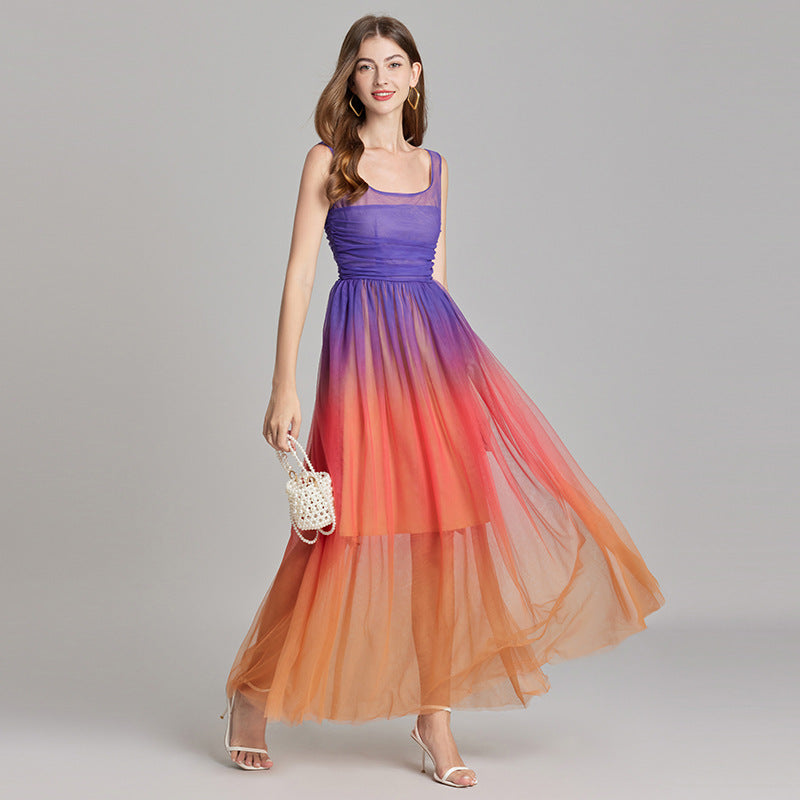 Orange And Blue Gradient Chiffon Dress with Side Slit And Ruched Vest - 811075249416_BAS