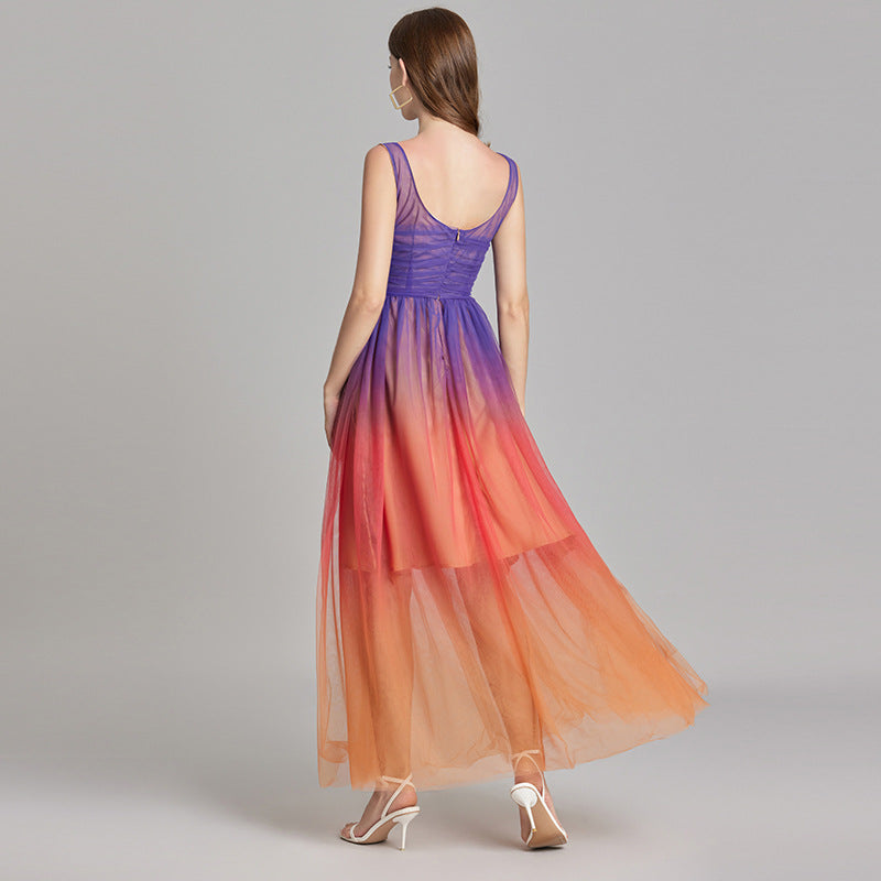 Orange And Blue Gradient Chiffon Dress with Side Slit And Ruched Vest - 811075249416_BAS