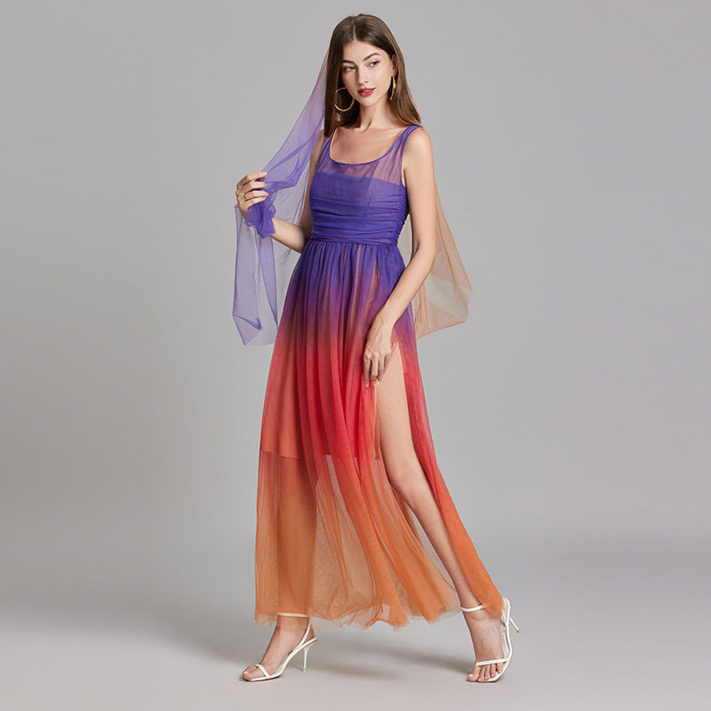 Orange And Blue Gradient Chiffon Dress with Side Slit And Ruched Vest - 811075249416_BAS